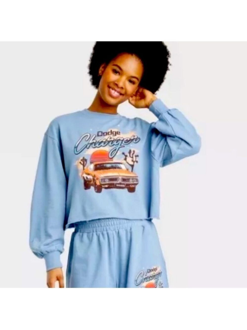Dodge Charger Baby Blue Cropped Sweatshirt - Size XS